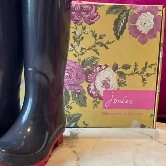 Joules Kelly Welly Rain boots slate gray with Pink SZ 6 - Picture 2 of 16